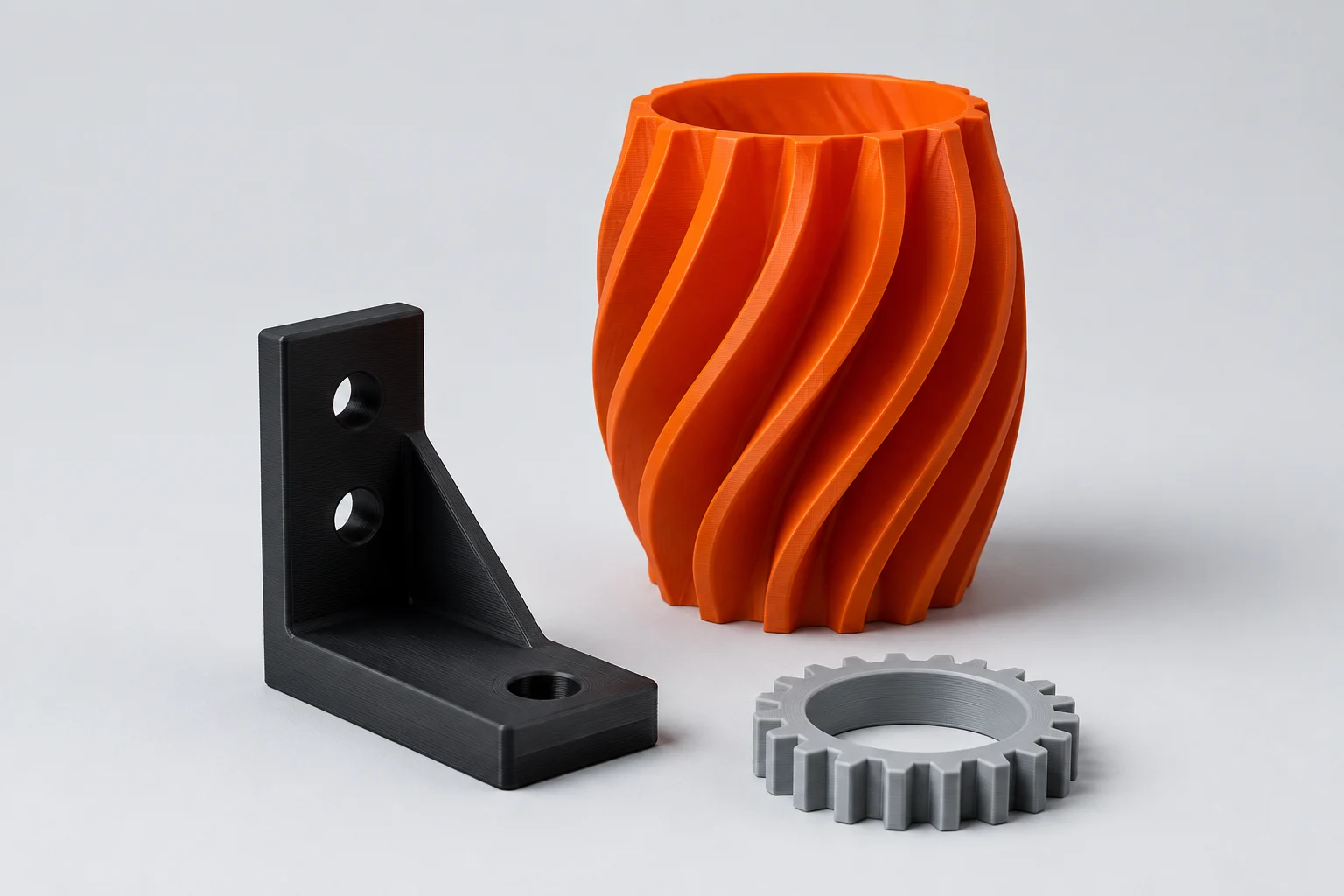 Illustration of an orange spiral vessel, a charcoal bracket, and a gray gear with visible 3D print layers